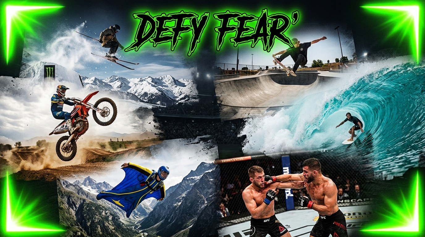Defy Fear' Co athletes and models wearing the brand's apparel across surfing, pickleball, boxing, and skydiving